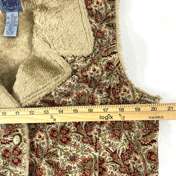 Cambridge Dry Goods Corduroy Vest Womens Large Tan Red Floral Faux Fur Button Up - Picture 7 of 10